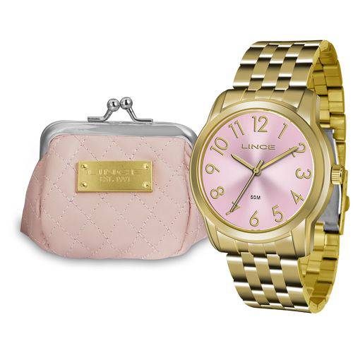 Kit Relogio Lince Feminino Lrg4456l Kt75 Dourado Rosa