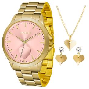 Kit Relogio Lince Feminino Lrgj097l Kw19 Dourado Rosa Coração