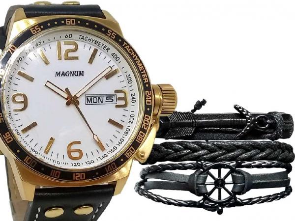 Kit Relógio Magnum Masculino Grande Militar Ma31542b Caixa Dourada + Pulseira