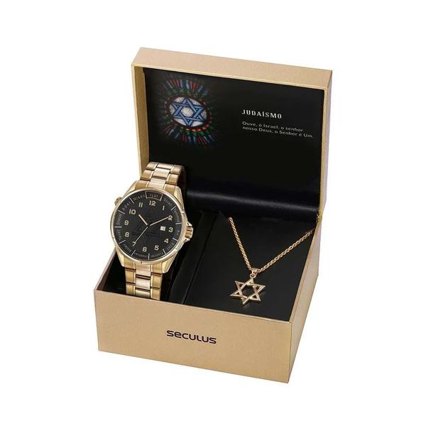 Kit Relógio Masculino Seculus Aço com Colar Estrela de Davi Dourado 23685GPSKDA1K1