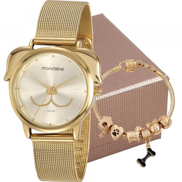 Kit Relógio Mondaine Feminino Dourado 53783LPMVDE1K1 Analógico 5 Atm Cristal Mineral