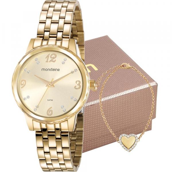 Kit Relógio Mondaine Feminino Dourado 99358LPMKDE4K3 Analógico 5 Atm Cristal Mineral