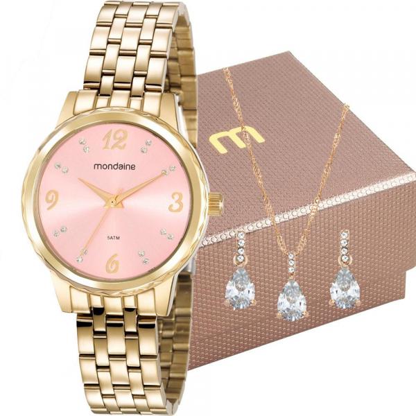 Kit Relógio Mondaine Feminino Dourado 99358LPMKDE8K2 Analógico 5 Atm Cristal Mineral