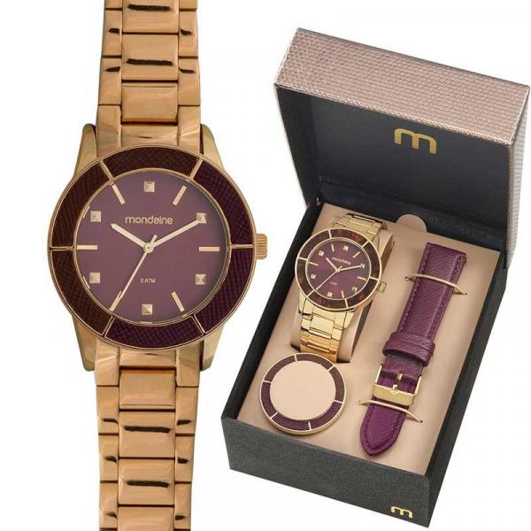 Kit Relógio Mondaine Feminino Dourado 99265LPMVDE1 Analógico 5 Atm Cristal Mineral Tamanho Grande