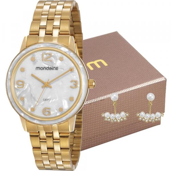 Kit Relógio Mondaine Feminino Dourado com Brincos 53777LPMVDE1K1 Analógico 5 Atm Cristal Mineral