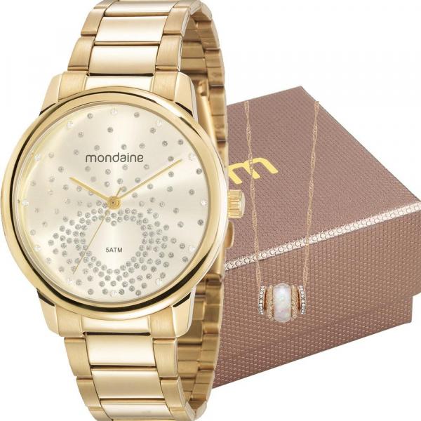 Kit Relógio Mondaine Feminino Dourado com Colar 53699LPMGDE1K