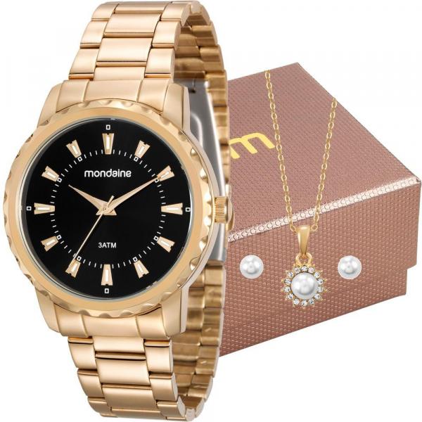 Kit Relógio Mondaine Feminino Dourado com Colar 99110LPMVDE1K2