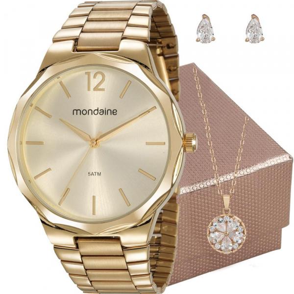 Kit Relógio Mondaine Feminino Dourado com Colar e Brincos 53750LPMVDE1K1