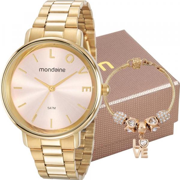 Kit Relógio Mondaine Feminino Dourado com Pulseira 53761LPMKDE1K1