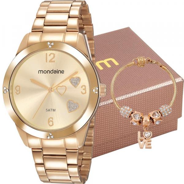 Kit Relógio Mondaine Feminino Dourado com Pulseira 99400LPMKDE1K