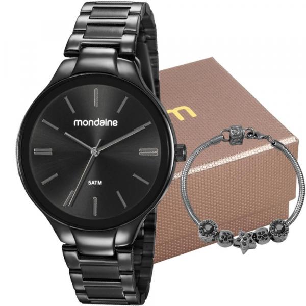 Kit Relógio Mondaine Feminino Preto com Pulseira 53759LPMVPE2K1 Analógico 5 Atm Cristal Mineral