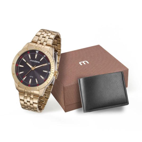 Kit Relógio Mondaine Masculino Dourado + Carteira Preta 99144gpmvde2