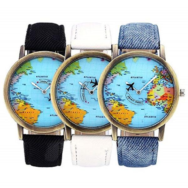 Kit 3 Relógio Pulso Mapa Mundi Viagem Aviãozinho Junqiao - Lbshop