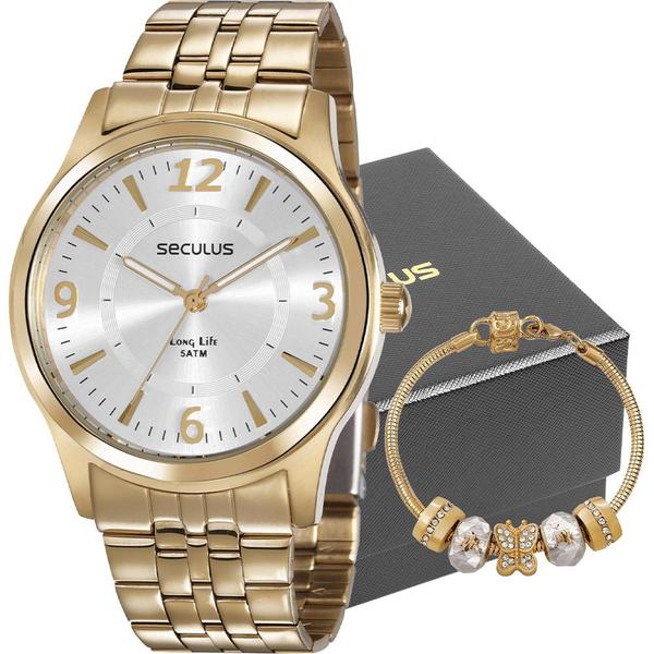 Kit Relógio Seculus Feminino Dourado com Pulseira 35024LPSVDA1K1 Analógico 5 Atm Cristal Mineral