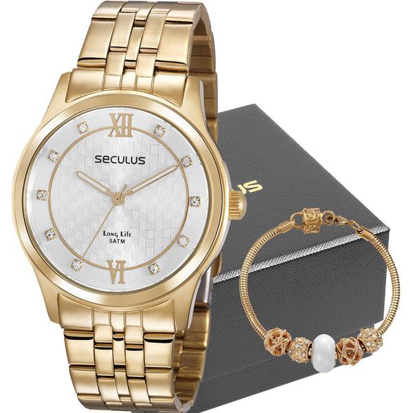 Kit Relógio Seculus Feminino Dourado com Pulseira 35025LPSVDA1K1 Analógico 5 Atm Cristal Mineral