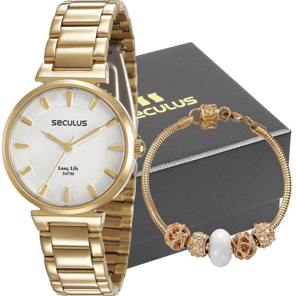 Kit Relógio Seculus Feminino Dourado com Pulseira 28904LPSVDA1K1 Analógico 5 Atm Cristal Mineral