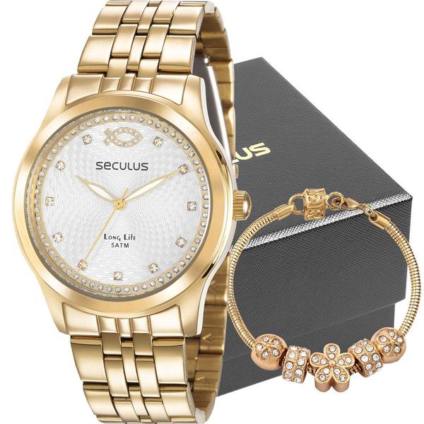 Kit Relógio Seculus Feminino Dourado com Pulseira 28968LPSKDA1K2 Analógico 5 Atm Cristal Mineral