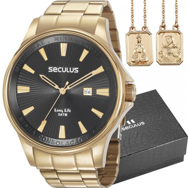 Kit Relógio Seculus Masculino Dourado com Escapulário 35001GPSKDA1K1