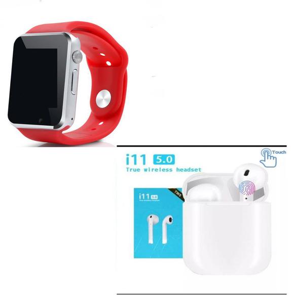 Kit Relógio Smartwatch Q18 Vermelho + Fone Bluetooth Sem Fio I11-TWS - Fzf