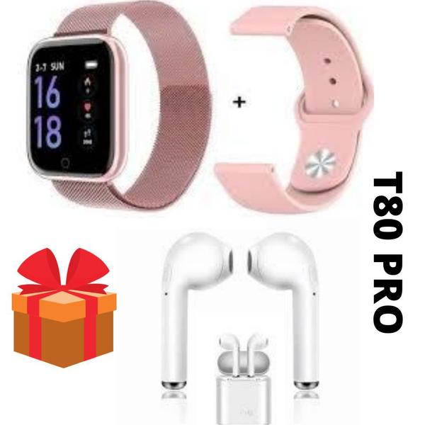 Kit Relógio Smartwatch Rose + 2 Pulseiras - T80