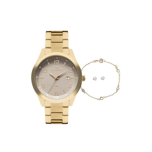 Kit Relógio Technos Dourado Feminino Elegance Trend 2115kzv/k4c + Brincos e Pulseira
