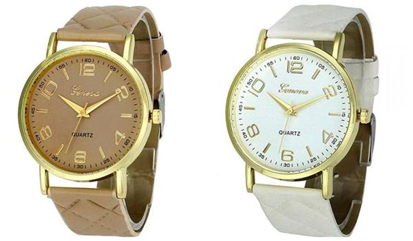 Kit 2 Relógios Femininos Geneva Dourado Pulseira Matelassê Bege e Branco