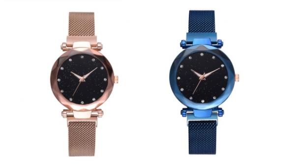 Kit 2 Relógios Femininos Strass Star Universe Pulseira Magnética Azul e Rosé - Xiniu