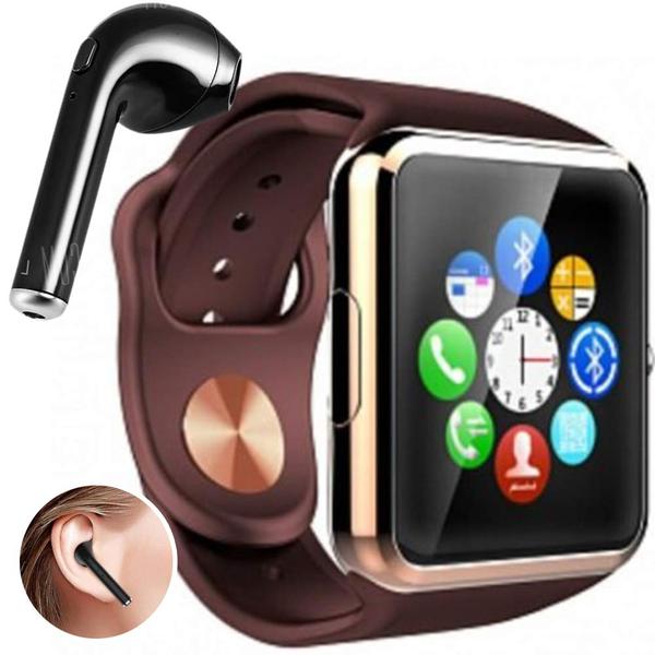 Kit Smartwatch A1 + Fone de Ouvido Bluetooth I7 - Relógio Celular Inteligente Chip Android Ios (DOURADO/MARRON)