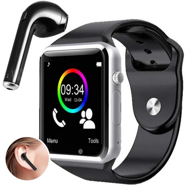 Kit Smartwatch A1 + Fone de Ouvido Bluetooth I7 - Relógio Celular Inteligente Chip Android Ios (PRATA)