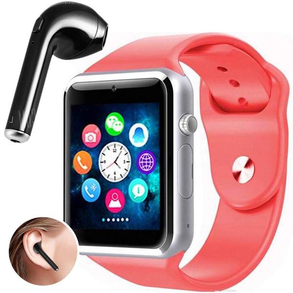 Kit Smartwatch A1 + Fone de Ouvido Bluetooth I7 - Relógio Celular Inteligente Chip Android Ios (ROSA)