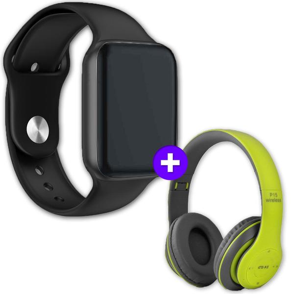 Kit Smartwatch Iwo 8 Preto Relógio Inteligente 44mm Serie 4 + Fone de Ouvido Sem Fio Bluetooth Dobrável P47 Verde