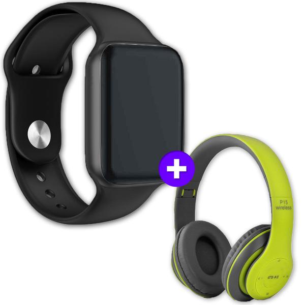 Kit SmartWatch IWO 9 44mm Compatível Android e IOS Preto + Fone de Ouvido Sem Fio Bluetooth Dobrável P47 Verde