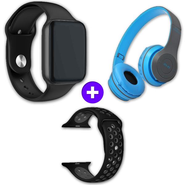 Kit SmartWatch IWO10 44mm Compatível Android e IOS Preto + Fone de Ouvido Sem Fio Bluetooth Dobrável P47 Azul