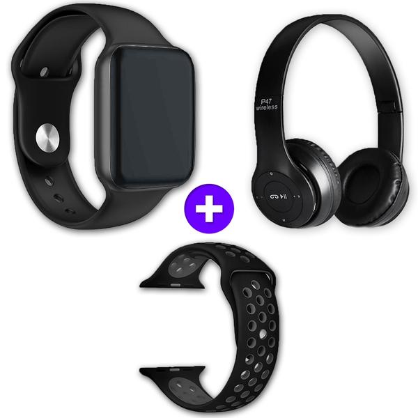 Kit SmartWatch IWO10 44mm Compatível Android e IOS Preto + Fone de Ouvido Sem Fio Bluetooth Dobrável P47 Preto - Iiwo