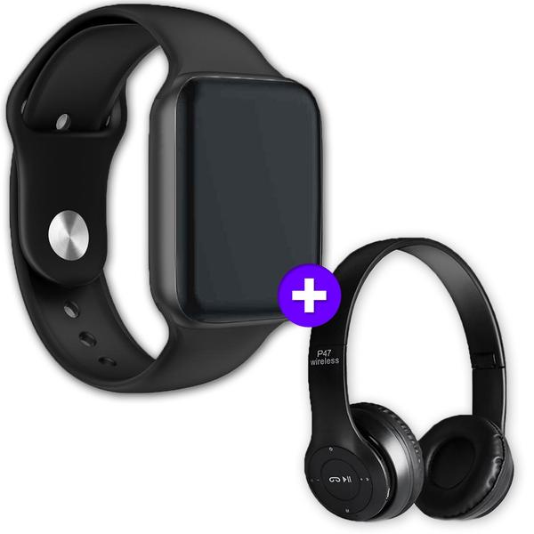 Kit SmartWatch IWO8 44mm Compatível Android e IOS Preto + Fone de Ouvido Sem Fio Bluetooth Dobrável P47 Preto - Fone Bluetooth