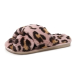 Lady quente e macio Plush Chinelos Leopard Cruz Peep-toe Inverno Indoor Início Flat Shoes