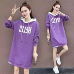 Lady Thicken Middle Long Hoodie Sweatshirt Dress Printing Autumn Loose Pullover with Pockets