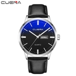 Luxury Fashion Faux Leather Mens Blue Ray Glass Quartz Analog Watches With Calen