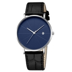 Luxury Fashion Faux Leather Mens Blue Ray Glass Quartz Analog Watches With Calen