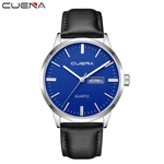 Luxury Fashion Faux Leather Mens Blue Ray Glass Quartz Analog Watches With Calen