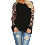 Manga comprida mulheres T-shirt do leopardo impressão Splice T-Shirt Top Tamanho Grande