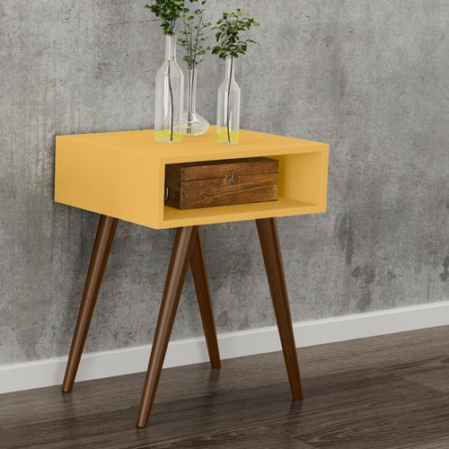 Mesa Lateral Movelbento Rt 3025 Retrô com Nicho e 4 Pés Palitos de Madeira Maciça Amarelo