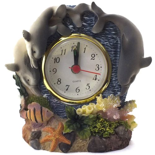 Mini Relógio de Mesa Decorativo Analógico com Detalhes em Resina Golfinhos com Despertador