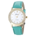 Moda feminina Relógio de diamante de lado duplo Mostrador redondo Relógio de quartzo Relógio de pulso com pulseira de couro