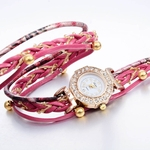 Mulheres Belas pulseira de couro de enrolamento Analog Movimento Quartz rel¨®gio de pulso