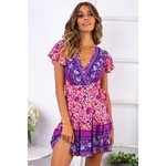 Mulheres curto Vintage luva Enrole Boho Floral Mini Vestido Ladies Verão Vestido de Verão férias V pescoço de manga curta Imprimir Vestido