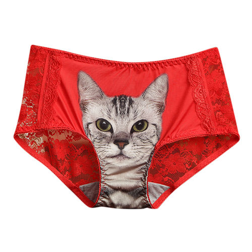 Mulheres dos desenhos animados 4D Impressão Gato Lace Triângulo Cueca médio sexy Briefs cintura