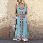 Mulheres estilo Bohemian V-neck Tanque Vestido Moda Imprimir Vestido Fringe