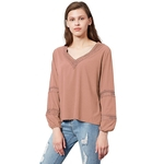 Mulheres Lace V-colar blusa de mangas compridas Primavera Casual e Outono oco Pullover Top