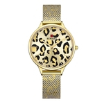 Mulheres leopardo mostrador relógio banda pulseira de quartzo ponteiro de pulso dourado
